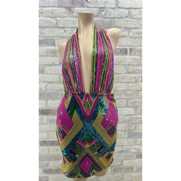 Fashion Nova Women M Party Cocktail Prom Club Sequins Dress Halter OpenBack - Picture 3 of 12